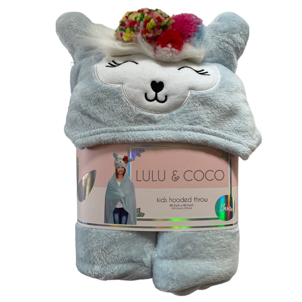 LULU & COCO Kids Hooded Throw Blanket Light Blue Llama 40x50